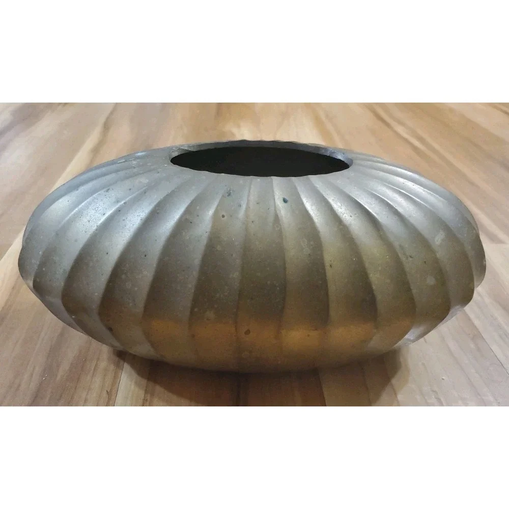 Vintage Solid Brass Oval Ribbed Scallop Vase Planter Decor 12